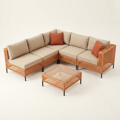 Outdoor Patio Furniture Set Built for Modular Living, 5 Piece Wicker Sectional, Cushions Included, Sand Color