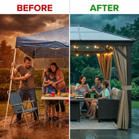 12'X10' Hardtop Gazebo, Aluminum Permanent Pavilion with Polycarbonate Double Roof, Removable Curtains & Mosquito Netting for Patio, Garden, Lawn, Upgrade Your Outdoors (Brown, 12'X10') — Before & After