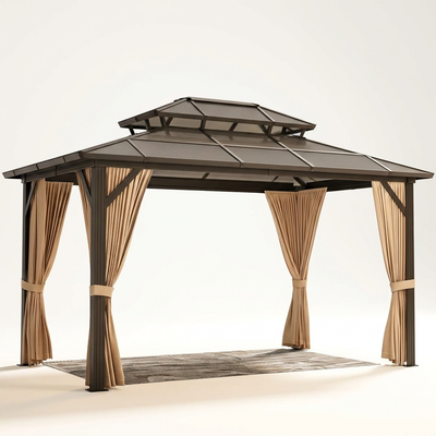 Hardtop Gazebo Built for Year-Round Use, 12x10 Aluminum Frame, Polycarbonate Double Roof, Removable Curtains
