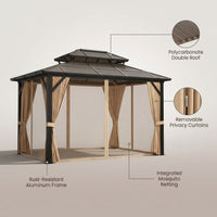 12'X10' Hardtop Gazebo, Aluminum Permanent Pavilion with Polycarbonate Double Roof, Removable Curtains & Mosquito Netting for Patio, Garden, Lawn, Upgrade Your Outdoors (Brown, 12'X10') — infographic