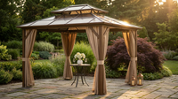 12'X10' Hardtop Gazebo, Aluminum Permanent Pavilion with Polycarbonate Double Roof, Removable Curtains & Mosquito Netting for Patio, Garden, Lawn, Upgrade Your Outdoors (Brown, 12'X10') — Lifestyle