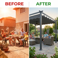 16 Ft. W X 12 Ft. D Aluminum Pergola Outdoor with Dark Gray Retractable Canopy — Before & After