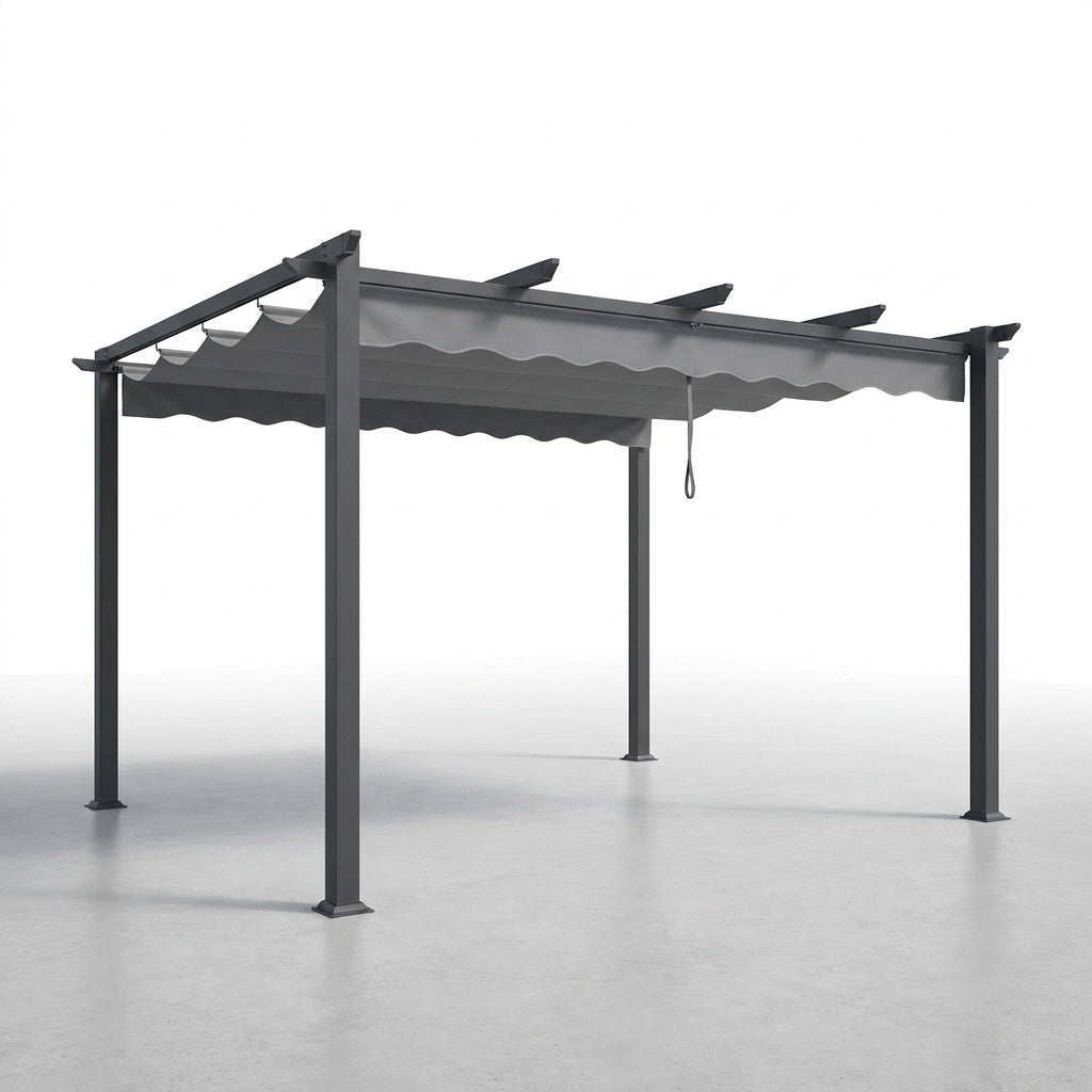 16 Ft. W X 12 Ft. D Aluminum Pergola Outdoor with Dark Gray Retractable Canopy — Studio Shot