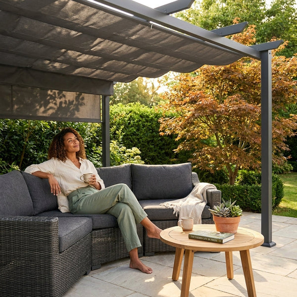 Aluminum Pergola Built for Outdoor Living, 16x12 Ft Coverage, Retractable Dark Gray Canopy, 192 Sq Ft Shade