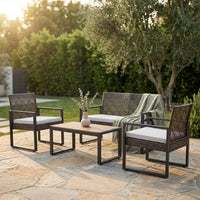 4-Piece Wicker Patio Conversation Set with Cushion, Outdoor Patio Furniture Set with Wood Table Top-Grey Cushions — Studio Shot