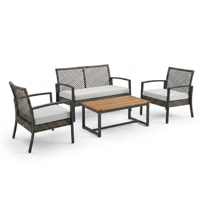 Patio Conversation Set Designed for All-Weather Comfort, Acacia Wood Table, Iron Frame, Grey Cushions