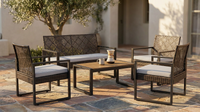 4-Piece Wicker Patio Conversation Set with Cushion, Outdoor Patio Furniture Set with Wood Table Top-Grey Cushions — Lifestyle