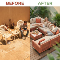 5 Piece Outdoor Patio Furniture Set Modular Outdoor Furniture Set Wicker Outdoor Sectional Sofa with Cushions and Table Patio Set for Balcony Porch Deck Yard ( (Salmon&Orange Wicker, Sand Cushion)) — Before & After