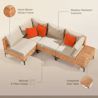 5 Piece Outdoor Patio Furniture Set Modular Outdoor Furniture Set Wicker Outdoor Sectional Sofa with Cushions and Table Patio Set for Balcony Porch Deck Yard ( (Salmon&Orange Wicker, Sand Cushion)) — infographic