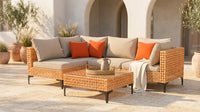 5 Piece Outdoor Patio Furniture Set Modular Outdoor Furniture Set Wicker Outdoor Sectional Sofa with Cushions and Table Patio Set for Balcony Porch Deck Yard ( (Salmon&Orange Wicker, Sand Cushion)) — Lifestyle