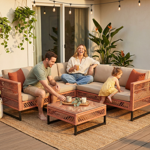 Outdoor Patio Furniture Set Built for Modular Living, 5 Piece Wicker Sectional, Cushions Included, Sand Color
