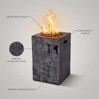 Outdoor Propane Fire Pit, 30000 BTU Column Propane Fire Pit, Wood-Look Surface — infographic