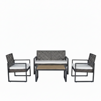 Patio Conversation Set Designed for All-Weather Comfort, Acacia Wood Table, Iron Frame, Grey Cushions