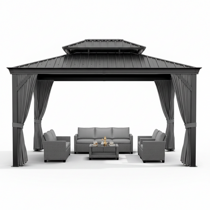 12'X14' Hardtop Gazebo, Heavy Duty Aluminum Permanent Hardtop Gazebo Outdoor Pavilion with Curtains and Netting for Garden